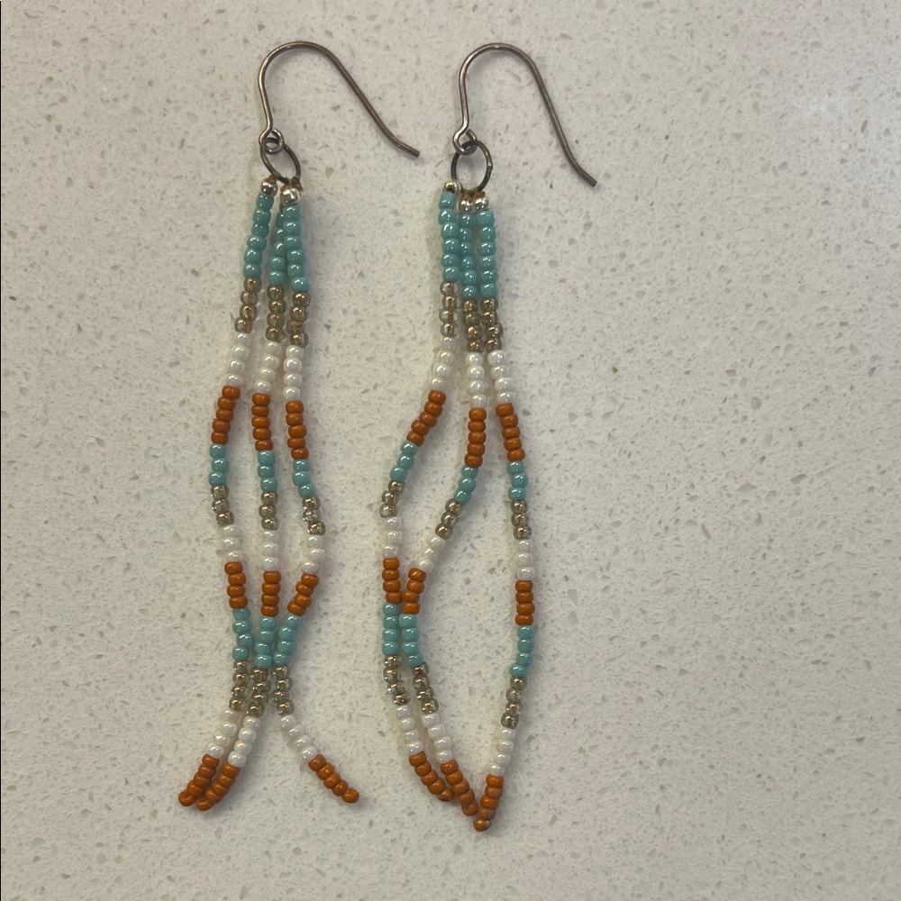 Hand Beaded Earrings - Turquoise, White, and Brown